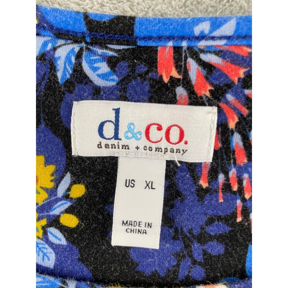 Denim & Co Womens XL Blue Floral Short Sleeve Crew Neck Knit Top Casual Relaxed - Picture 3 of 9